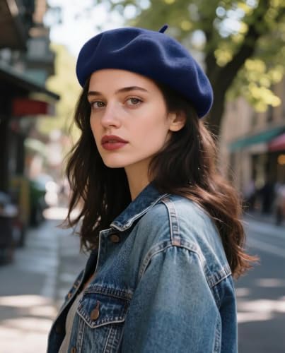 Wool French Beret Hats for Women Classic Winter Beanie Cap - color: Navy Blue