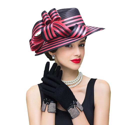 Women Derby Church Dress Fascinator Wide Brim Hats 1920s Vintage Tea Party Wedding Cloche Bowler Hats - color: Navy/Rose