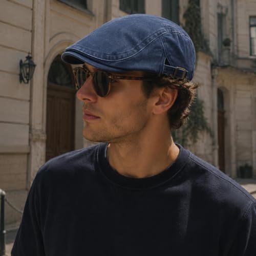 Initlove Mens Newsboy Cap Washed Beret Ivy Hat Flat Hats for Cabbie Driving - color: Black + Navy