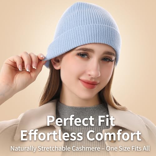 100% Cashmere Beanie for Women and Men, Soft Warm Winter Knit Hat - color: Blue
