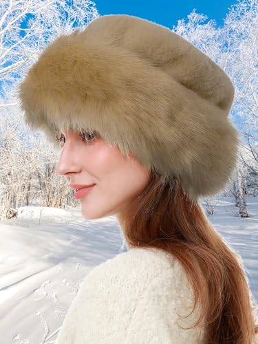 sy soul young Women's Leopard Faux Fur Hats Fluffy Bucket Hat Russian Style - color: Khaki