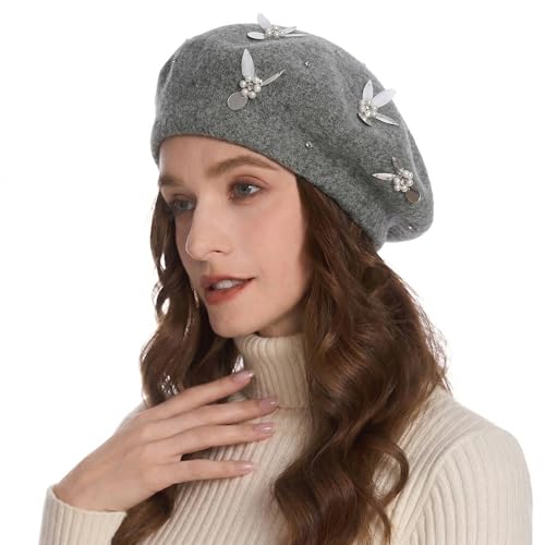 ZLYC Women French Beret Hat Reversible Knit Thickened Warm Artist Cap - color: Paillettes Bunny Gray