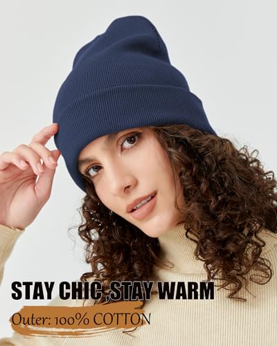 Satin Lined Knit Beanie Hat-100% Cotton Winter Hats for Women Men - color: 1-khaki