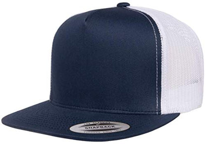 Yupoong 5-Panel YP Classic Trucker Cap | High Profile Flat Visor Snapback - color: Navy/White