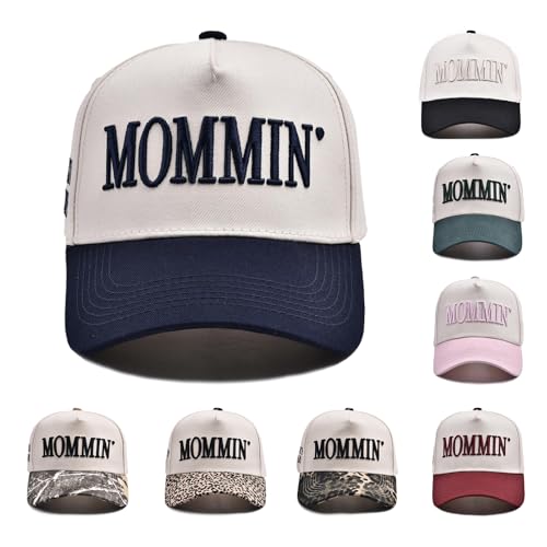 Women’s Mommin Trucker Hat – Vintage Two-Tone Ponytail Baseball Cap, Embroidered Adjustable Hat, Great Gift for Mom & Women - color: Cyan-blue