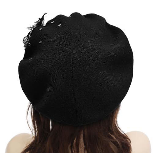 ZLYC Women French Beret Hat Reversible Solid Color Mosaic Warm Artist Cap - color: Bead Flower Black