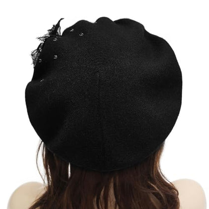 ZLYC Women French Beret Hat Reversible Solid Color Mosaic Warm Artist Cap - color: Bead Flower Black