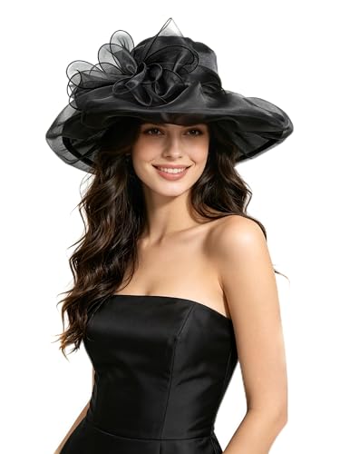 Haojing Women's Organza Church British Fascinator Bridal Tea Party Wedding Hat Summer Ruffles Cap - color: H5-black Line