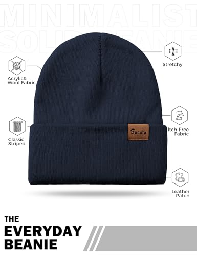 Beanie Hats for Men Women Knit Winter Hat, Warm Skull Stocking Cap, Striped Snow Hat Heated Cuffed Beanie - color: 2p-black+navy Blue