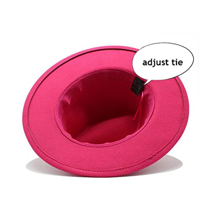 Lady Wide Brim Felt Fedora Panama Hat with Ring Belt - color: Hotpink, size: Medium