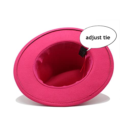 Lady Wide Brim Felt Fedora Panama Hat with Ring Belt - color: Hotpink, size: Medium