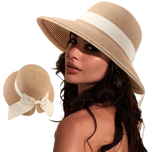 DRESHOW Sun Hats for Women Travel Fedora Foldable Beach Sun Hat Summer Wide Brim Straw Bucket Hat with Bowknot UPF 50+ - color: 1 Pack With Bowknot: Camel (Beige Band)
