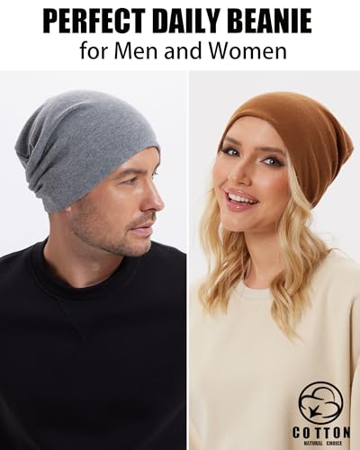 Thin 100% Cotton Fine-Knit Beanie Hat Slouchy Soft Chemo Skull Cap - color: 1-light Heather Grey