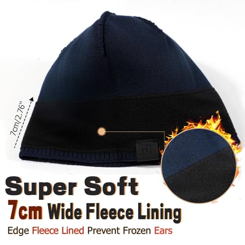 Fleece Lined Mens Beanie Scarf Set Thick Knit Winter Hat Neck Warmer Unisex - color: Navy Blue