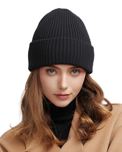 Wool Beanie for Men Women, Seamless Knit Cuffed Warm Winter Hats - color: 1pcs-black