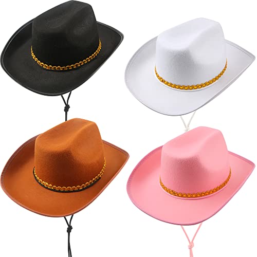 4 Pack Pinch Front Cowboy Hat Novelty Western Cowboy Cowgirl Hat for Adult Halloween Cosplay Dress up - color: Black, Pink, White, Brown