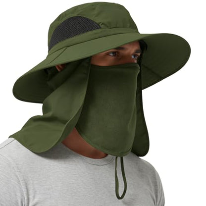 Wide Brim Sun Bucket Hat, Waterproof Boonie Hat for Men & Women - color: 07 Army Green (Full Coverage)