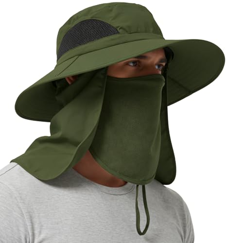 Wide Brim Sun Bucket Hat, Waterproof Boonie Hat for Men & Women - color: 07 Army Green (Full Coverage)