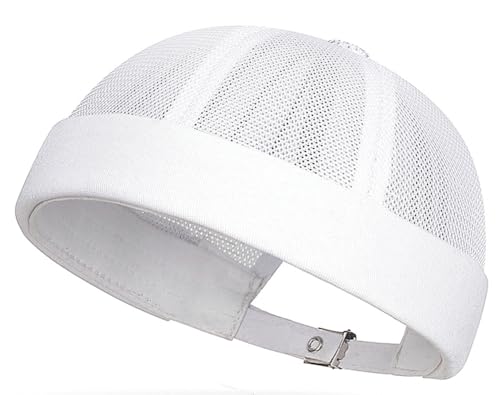 Men’s Mesh Brimless Docker Caps Unisex Adjustable Beanie Cap Rolled Cuff Retro Hat Summer Worker Sailor Hat Skullcap - color: White-new
