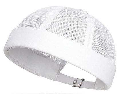Men’s Mesh Brimless Docker Caps Unisex Adjustable Beanie Cap Rolled Cuff Retro Hat Summer Worker Sailor Hat Skullcap - color: White-new