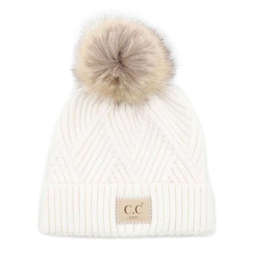 C.C Kids' Suede Patch Snuggly Soft Warm Knit Pom Cuff Beanie - color: Criss Cross Faux Fur, White