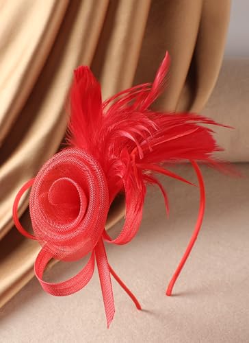 Zinniday Victorian Feather Fascinators Hats - 2025 Derby Attire Headwear with Hairpin,1920s Tea Party Hat for Woman - color: Red
