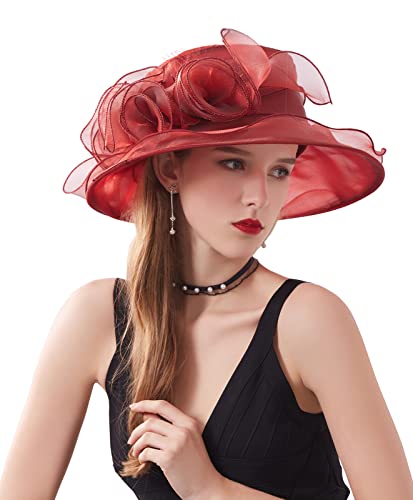 Women's Kentucky Derby Church Dress Hat Wide Brim Leaf Flower Bridal Shower Hat - color: A10 Winered