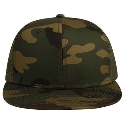 Ashen Fane 6 Panel Mid Profile Mesh Back Structured Trucker Adjustable Snapback Hat - color: Camo Dk.grn/Brn/Dk.oliv.grn.