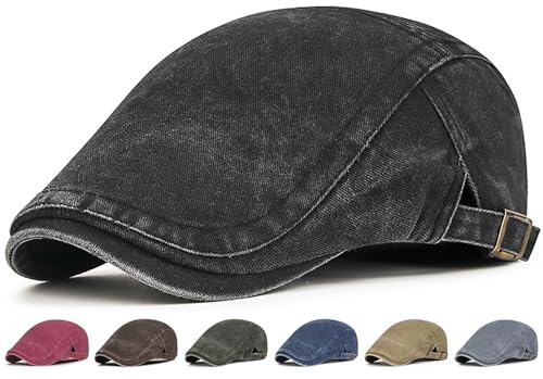 Initlove Mens Newsboy Cap Washed Beret Ivy Hat Flat Hats for Cabbie Driving - color: Black