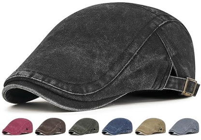 Initlove Mens Newsboy Cap Washed Beret Ivy Hat Flat Hats for Cabbie Driving - color: Black
