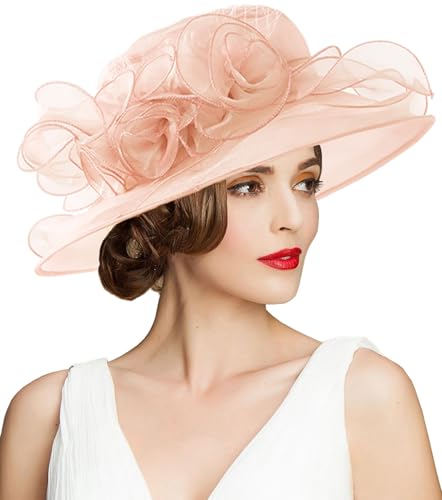 Women's Kentucky Derby Church Dress Hat Wide Brim Leaf Flower Bridal Shower Hat - color: A2-light Pink