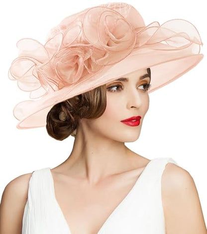Women's Kentucky Derby Church Dress Hat Wide Brim Leaf Flower Bridal Shower Hat - color: A2-light Pink