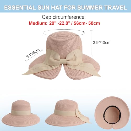 DRESHOW Sun Hats for Women Travel Fedora Foldable Beach Sun Hat Summer Wide Brim Straw Bucket Hat with Bowknot UPF 50+ - color: 1 Pack With Bowknot: Dusty Pink With Beige Band