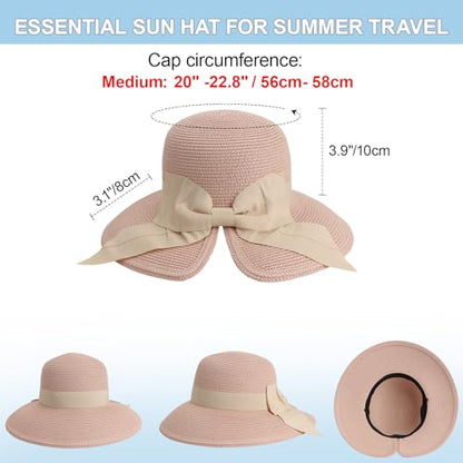 DRESHOW Sun Hats for Women Travel Fedora Foldable Beach Sun Hat Summer Wide Brim Straw Bucket Hat with Bowknot UPF 50+ - color: 1 Pack With Bowknot: Dusty Pink With Beige Band