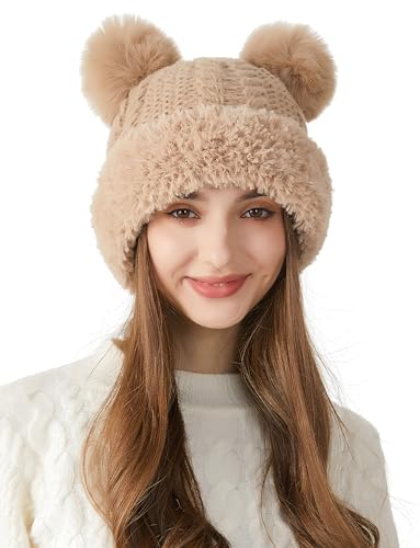FEOYA Womens Knit Winter Beanie Hat with Faux Fur Pompom Fuzzy Cute Knit Fleece Lined Skull Cap - color: Khaki