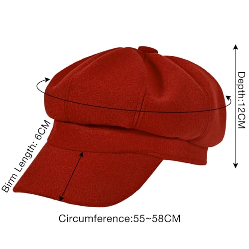 Women’s Newsboy Cap Wool Blend Retro Solid Color Girls Fashion Gatsby Cabbie Visor Beret Hat - color: Red