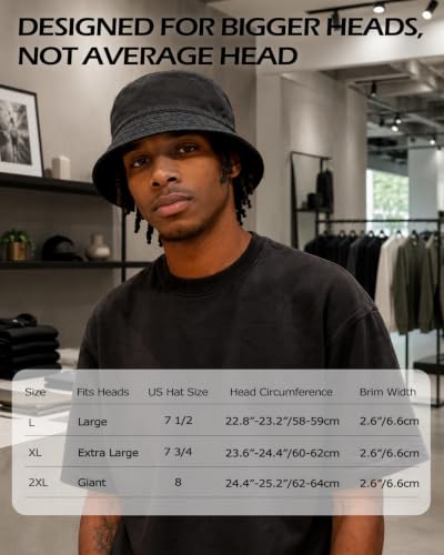 Zylioo XL XXL Bucket Hat for Big Heads, Washed Cotton Sun Hat - color: Gray-lined, size: XX-Large