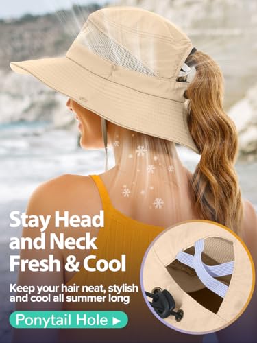 EW East Water Sun Beach Hat for Women, UPF50+ Waterproof with Ponytail Hole - color: Khaki