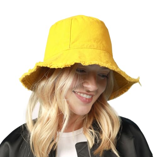 CHOK.LIDS Frayed Bucket Hat Washed Cotton Floppy Wide Brim Boonie Cap - color: Happy Lemon