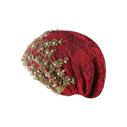 haozaikeji Women Flower Turban Hat Rhinestones Muslim Islamic Head Wrap African Pearl Turban Soft Stretchy Head Cover - color: Red