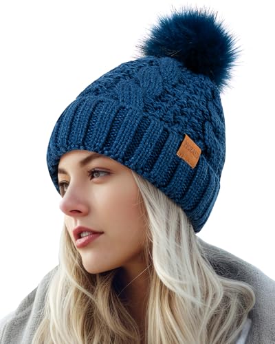 Women's Winter Pompom Beanie Warm and Cozy Knit Hat Fleece Lining Skull Cap for Women - color: Blue