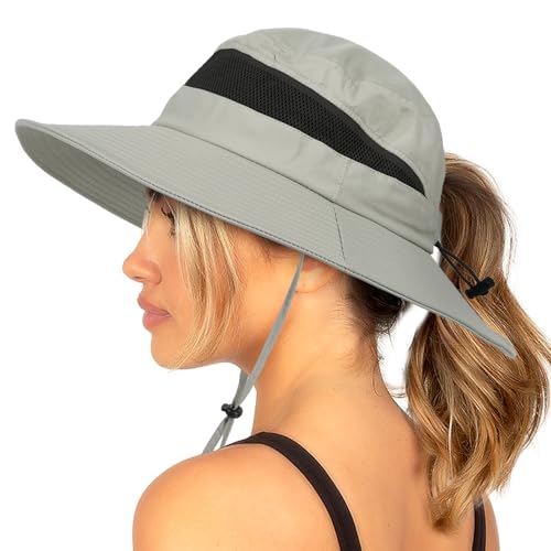 Bucket Sun Hat for Women Wide Brim Breathable Mesh UPF50+ Safari Hat Criss Cross Ponytail Hole Outdoor Rain Hat - color: Grey