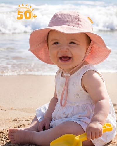 HONGTEYA Baby Sun Hat Muslin Wide Brim Toddler Girl Beach Bucket Hat - color: Pink/White, size: 0-6 Months
