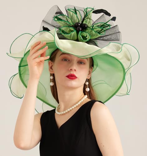 Women Derby Church Hat Organza Flower Wedding Tea Party Fascinator Wide Brim Sun Hat - color: 10-light Green