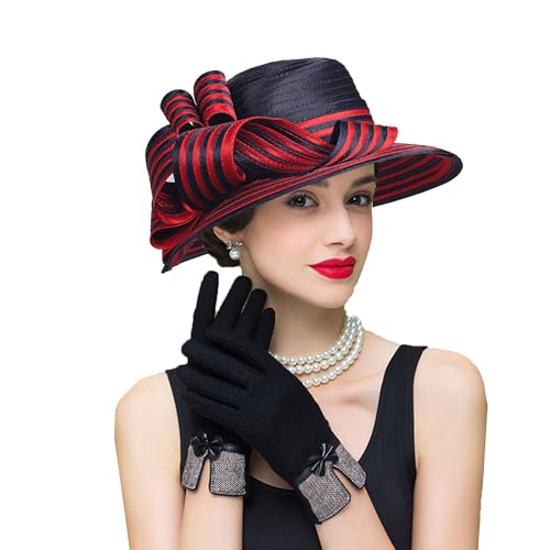 Women Derby Church Dress Fascinator Wide Brim Hats 1920s Vintage Tea Party Wedding Cloche Bowler Hats - color: Navy/Red