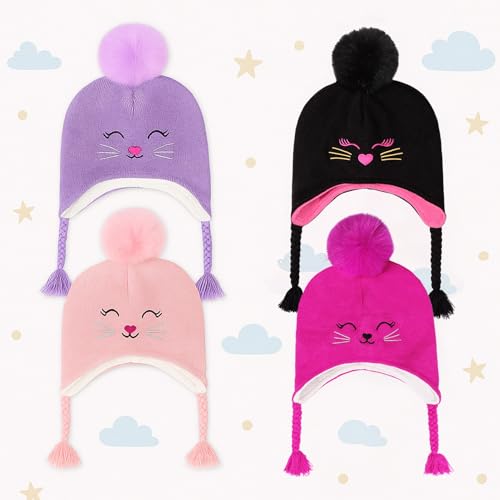 Toddler Girls Cat Ear Winter Hat Warm Knit Beanie Kids Earflap Cap for Cold Weather - color: Z - Pompom Style Hot Pink