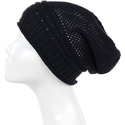 BYOS Women's Airy Cool Lightweight Cutout Long Slouchy Crochet Knit Beanie Hat - color: Net-black