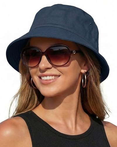 HONGTEYA Bucket Sun Hats for Woman Men Cotton Summer Beach Hat Golf Fishing - color: Navy Blue, size: Medium