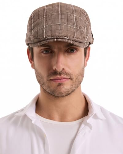 ZLYC Men Cotton Flat Cap Summer Scally Newsboy Beret Driver Hat - color: Plaid Coffee