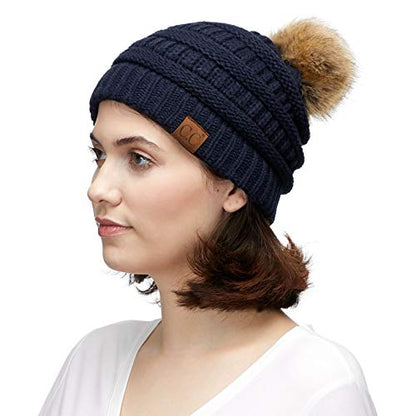 C.C Fur Pom Winter Fall Trendy Chunky Stretchy Cable Knit Beanie Hat - color: Solid Navy